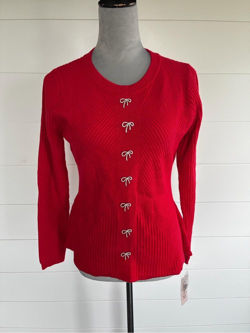 Nanette Lepore Red Ribbed Peplum Sweater Rhinestone Bow Accent
Top M/0468